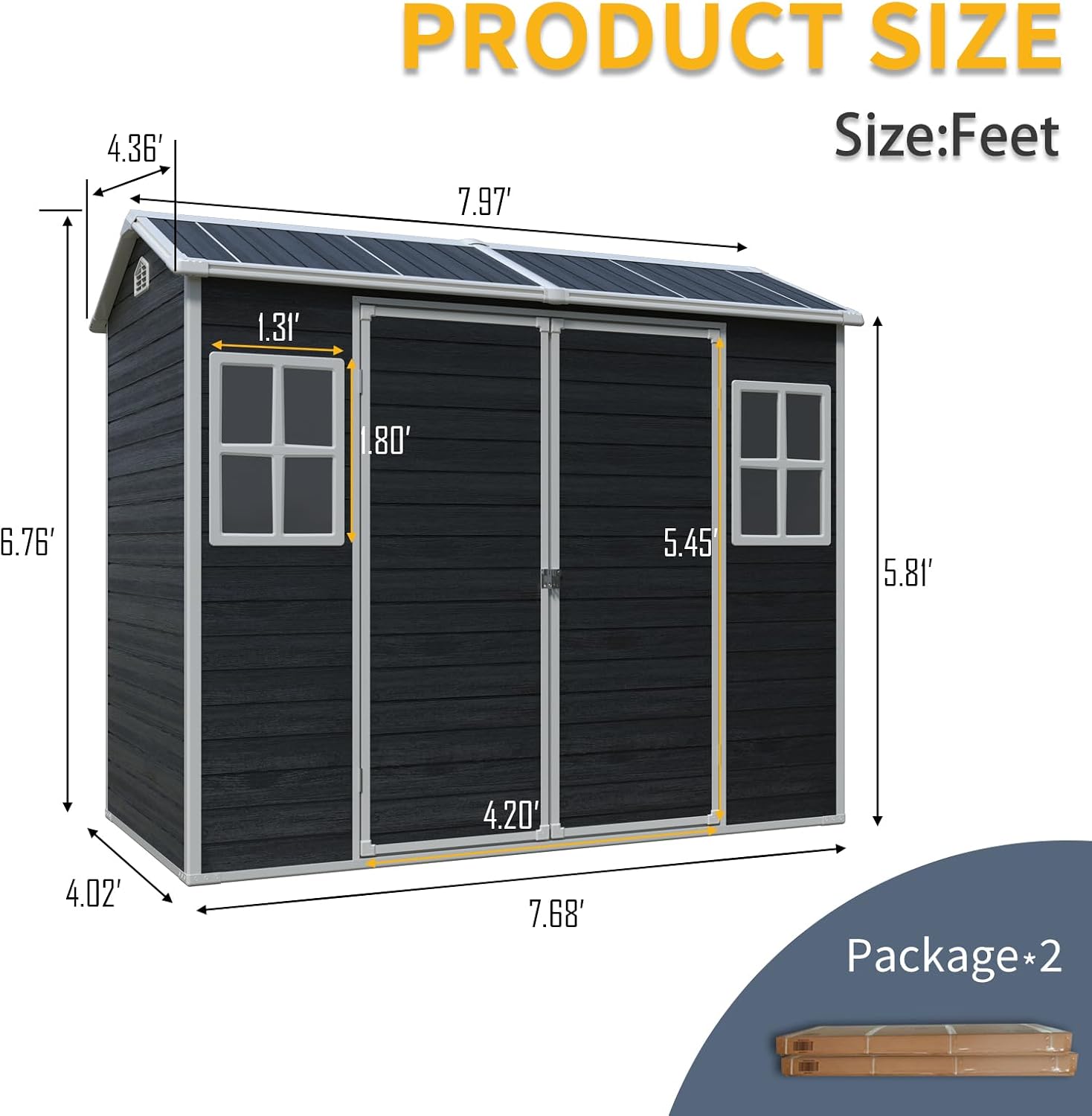 8x4 ft Outdoor Resin Storage Shed with Floor, Waterproof Plastic Garden Shed with Lockable Door and Two Windows, All-Weather Tool Sheds for Backyard, Patio, Lawn (Black)