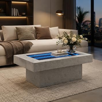 FKWin LED Coffee Table Infinity Mirror RGB Modern Coffee Table for Living Room,Grey