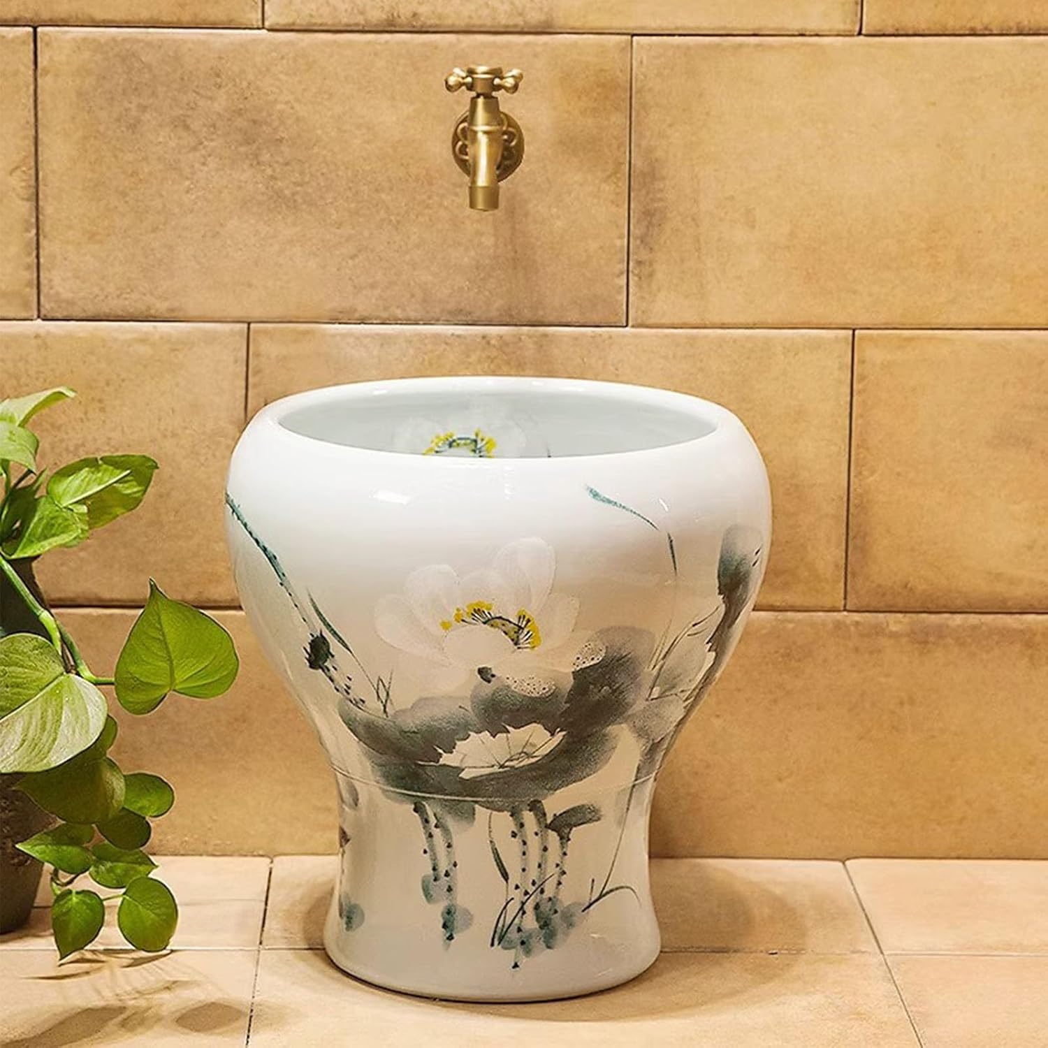 Ceramic Hand painted Floor Mop Sink with Faucet,Freestanding Floor Mount Mop Sink, Chinese style Art Mop Basin,Utility Sink for Laundry Room, Bathroom