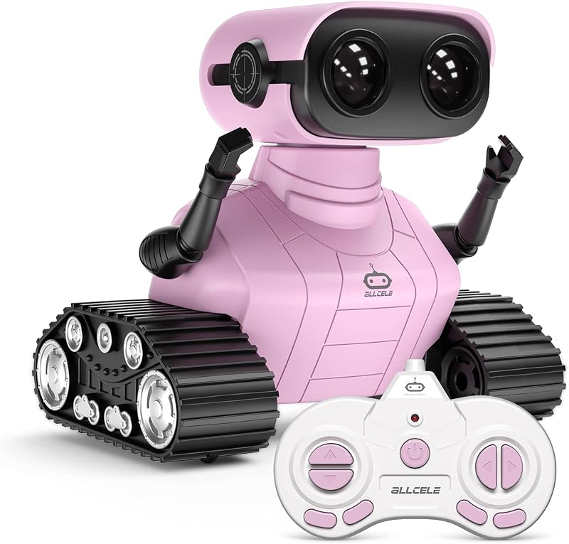 ALLCELE Robot de juguete para niñas, robot RC recargable para niños, juguete de control remoto con música y ojos LED, regalo para niños de 3 años en adelante - rosa
