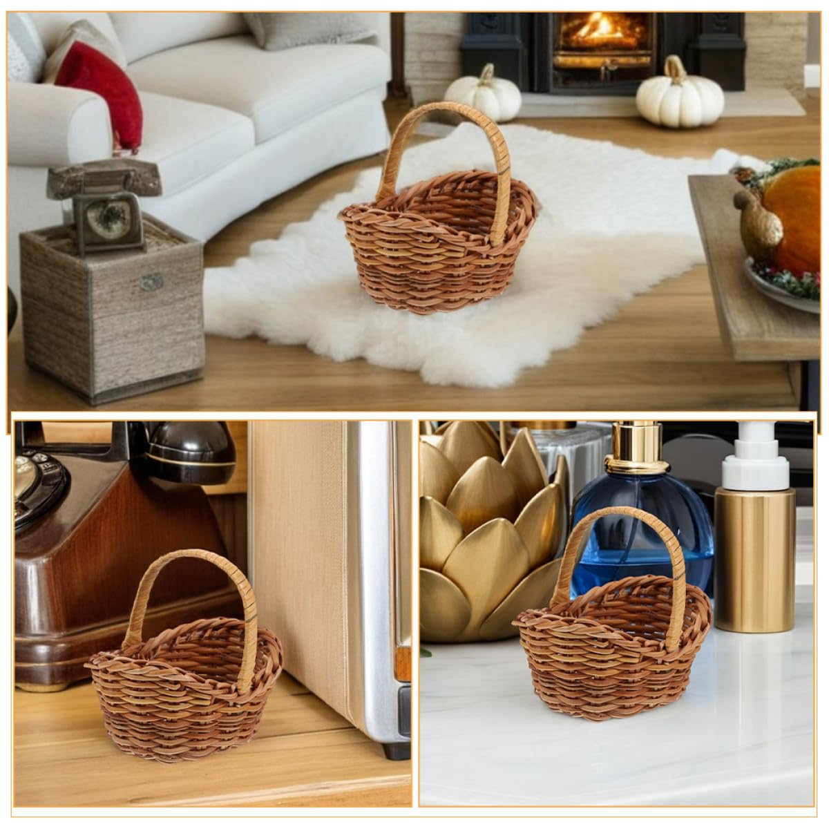 Set 6 Piccoli Cesti Intrecciati in Rattan con Manico, Stile Classico e Retrò, per Organizzazione Studio e Conservazione in Bagno
