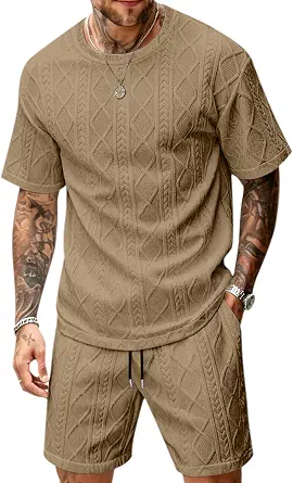 Babioboa Men's 2 Piece Outfits Textured Short Sets Casual Short Sleeve T Shirt and Shorts Summer Tracksuit Off-Duty Set