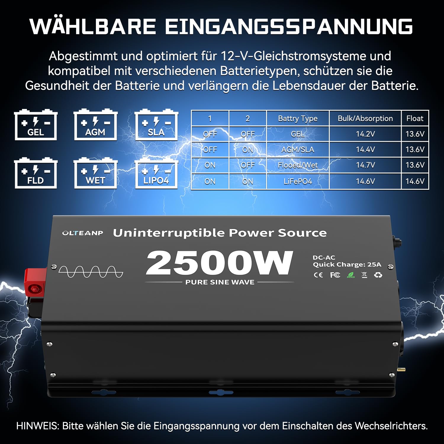 OLTEANP 2500W Wechselrichter12V auf 230V Reiner Sinus,Spannungswandler mit Netzvorrangschaltung und ladefunktion und USV Funktion,Fernbedienung mit LCD-Bildschirm, Automatische Umschaltung für Netz