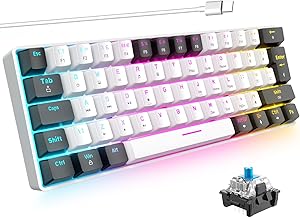 60% Teclado Mecánico Gaming RGB Retroiluminado 62 Teclas,UK layout Compacto,Interruptor Azul USB a Tipo-C Cable Anti-Ghosting para Windows Mac PC Laptop PS4 XBox Gamer Typist (Blanco y Negro)
