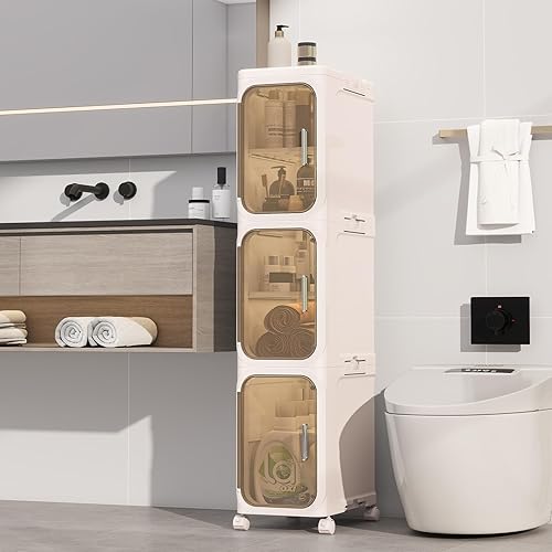 Miniatura 12 de KHNR Armario de almacenamiento de baño delgado de 3 niveles, gabinetes de almacenamiento plegables, almacenamiento de baño estrecho, organizador de