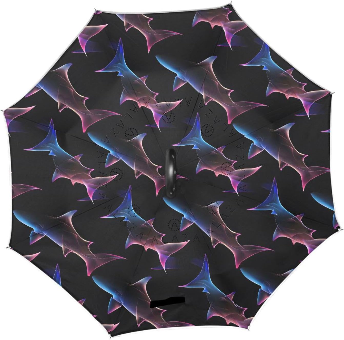 Neon Shark Print Inverted Umbrellas for Rain Windproof Reverse Upside Down Golf Umbrella with C-shape Handle for Men Women