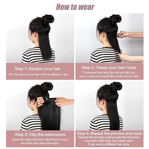 Miniatura 7 de Sixstarhair Extensiones de cabello humano real con clip, para mujeres negras, cabello virgen brasileño, lacio, color negro natural, 12 pulgadas, 7