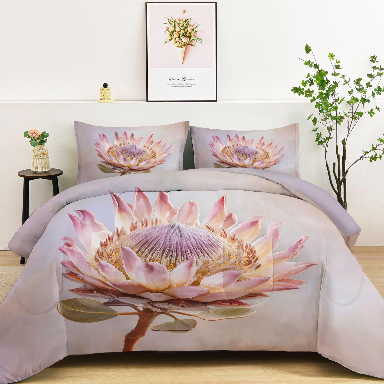 Générique Trapunta stampata 140 x 200 cm Pianta Fiori di Protea Reversibile Trapunta Acquarello Onirique 4 Stagioni - Grigio Trapunte trapuntate, Edredon Trapunte senza Houss e 2 federe 65 x 65 cm