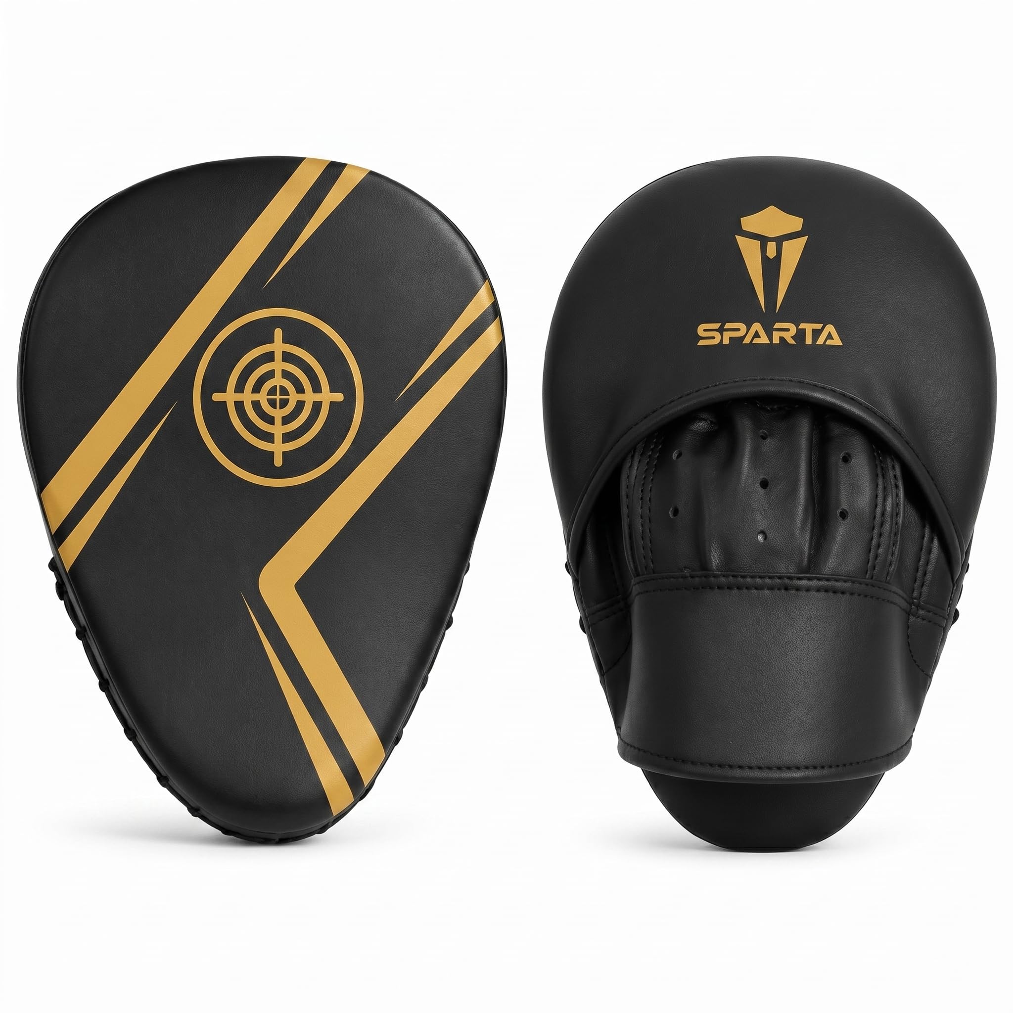 Focus pads Boxing Mitts - Curved Hook and Jab Target Hand Pads - Great for MMA, Kickboxing, Martial Arts, Muay Thai, Karate Training - Padded Punching, Coaching Strike Shield (Black/Matte Gold)