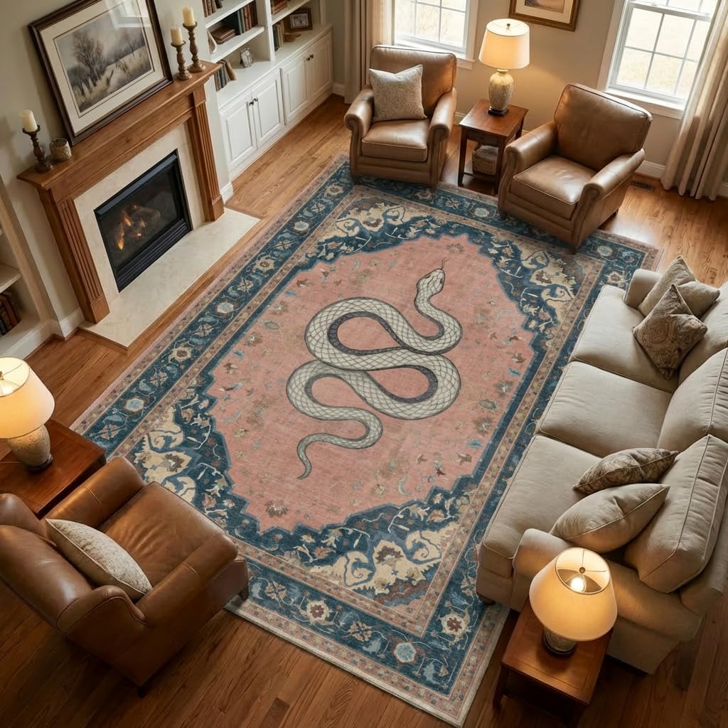 5x7 Area Rug Vintage Bohemian Snake Motif Rug with Non Slip Backing, Washable Low Pile Dusty Pink Navy Blue Carpet for Bedroom, Living Room, Home Office, Eclectic Decor