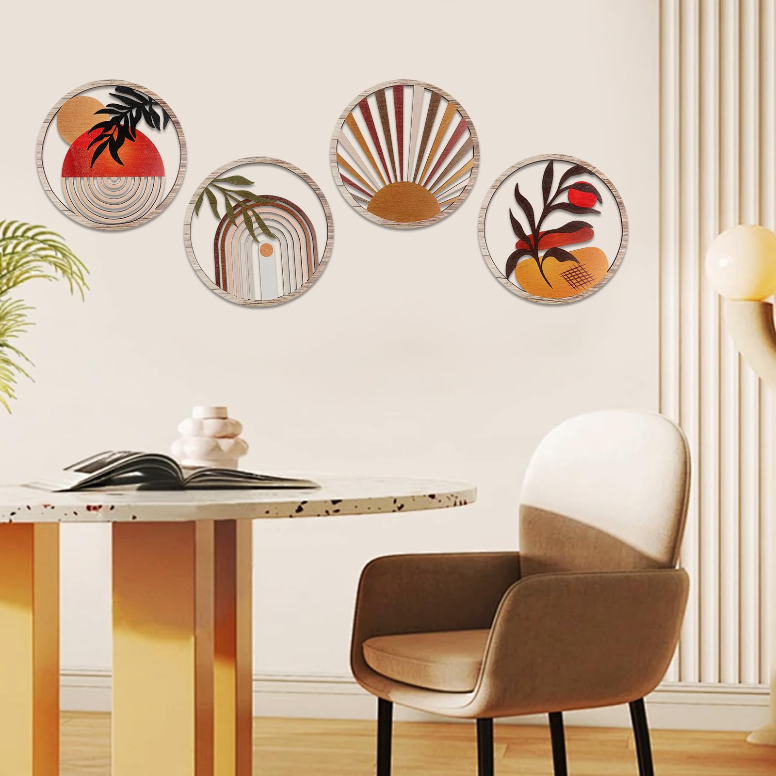 Décoration Murale Bois Style Bohème | 4 Pièces Géométriques Ajourées – Pour Salon, Salle à Manger, Bibliothèque