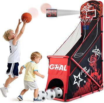Basketball Arcade Game for Kids 2 in 1 Foldable Basketball Hoop with Scoreboard & Soccer Goal- Portable Indoor Outdoor Play Toy- Gift for Ages 3-12 Boys Girls- Air Pump and 3 Balls Included