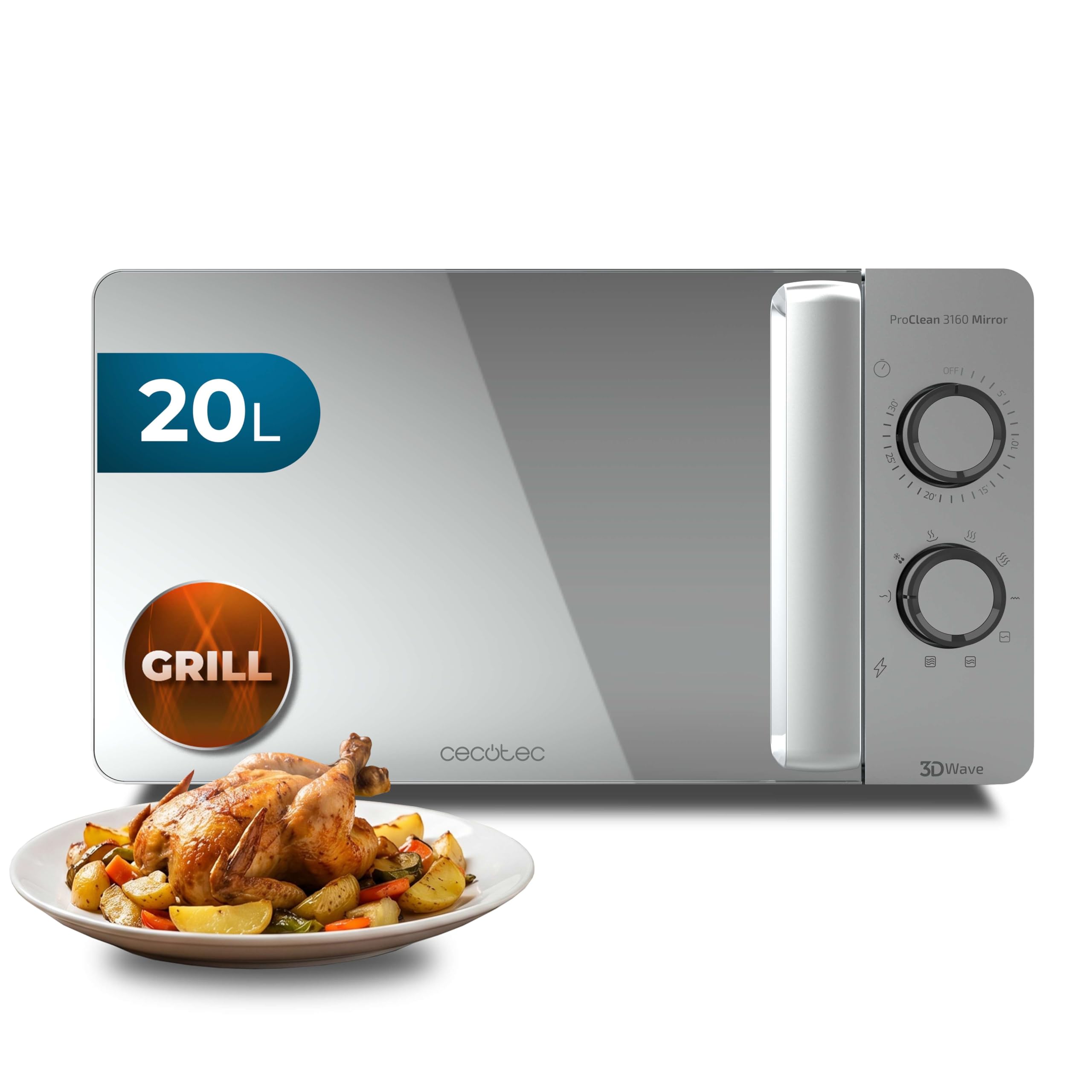 Cecotec Mikrowelle Proclean 3160 Mirror Wave mit Grill, 20L, 700 W