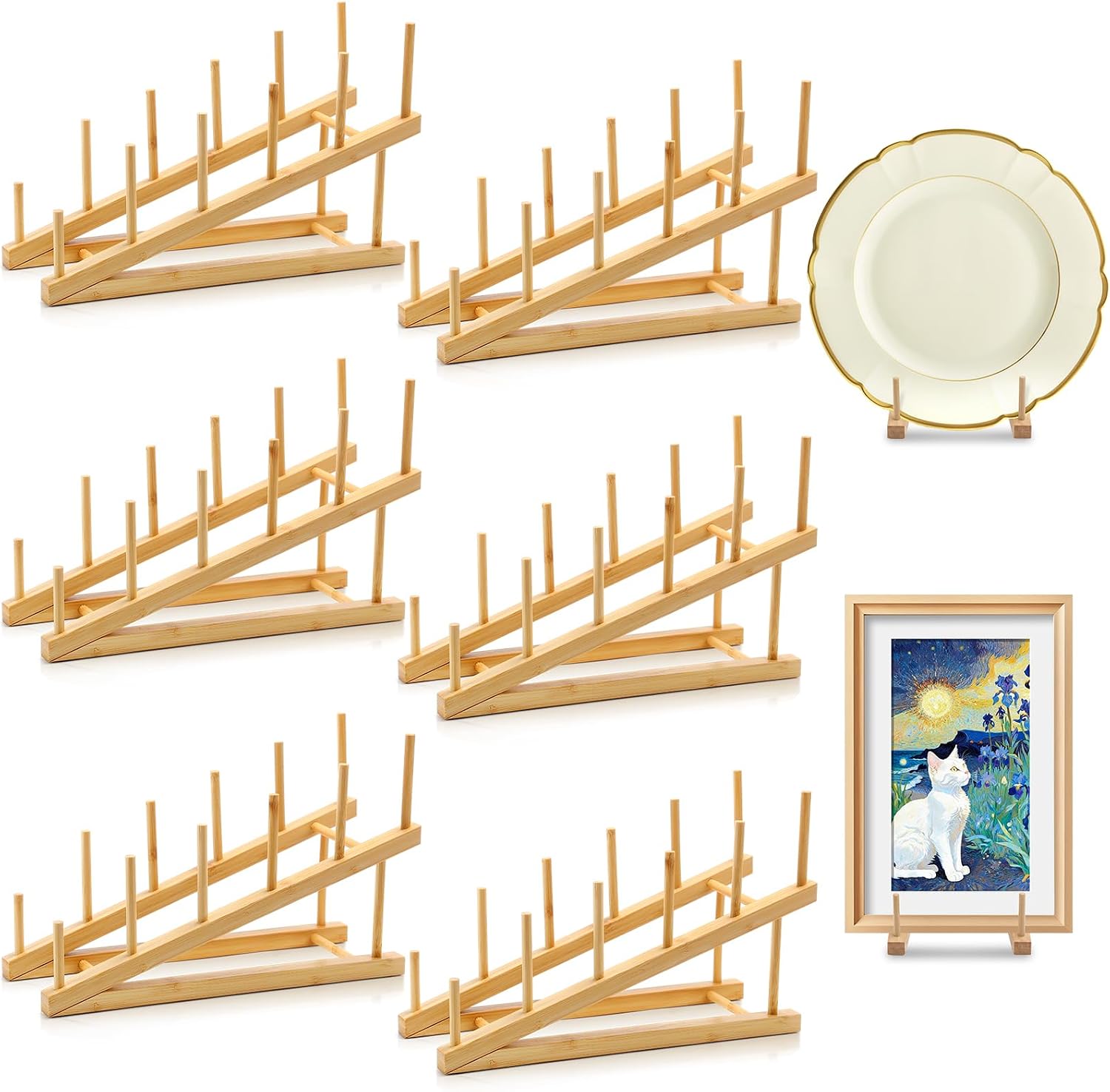 Junkin 6 Pcs Wooden Art Display Stand Paint Drying Rack 5-Tier Wood Plate Stands for Display Dish Drying Rack Cabinet Organizer Pot Lid Holder for Kitchen Picture Canva Artwork Tabletop Book Magazine