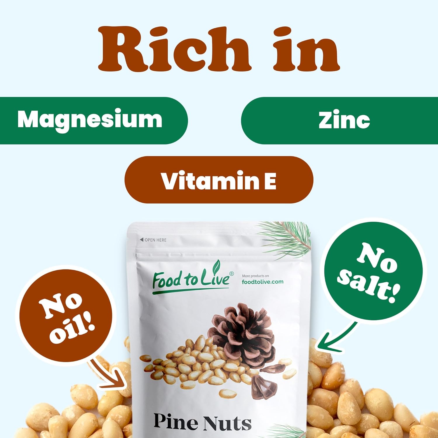 Food to Live Dry Roasted Pine Nuts, 1 Pound – Naturally Tasty and Crunchy, Nutritious and Delicious, Perfect for Cooking, Baking and Snacking, Vegan, Kosher, Bulk