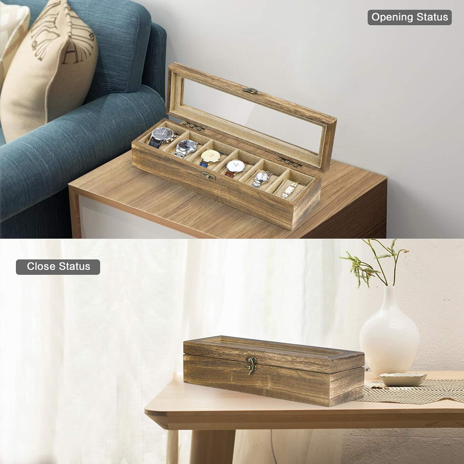 SRIWATANA Watch Box Case Organizer Display for Men Women, 6 Slot Wood Box with Glass Top, Carbonized Black : Clothing, Shoes & Jewelry