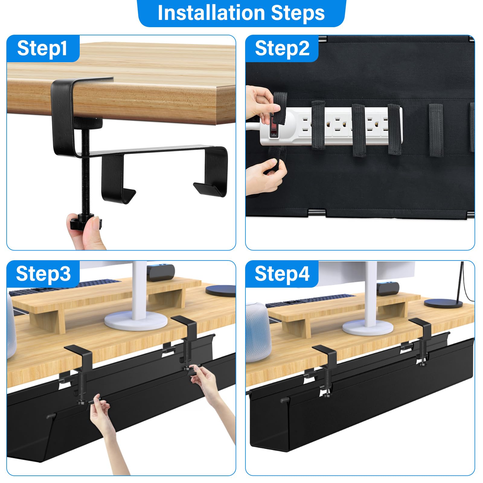 Kabelkanal Schreibtisch Schwarz, 70cm Ohne Bohren Kabelmanagement Schreibtisch Fexibel Oganizer, Klemmen/Schraubmontage, Stabiles Wasserfestes Kabeltray für Büro und Zuhause
