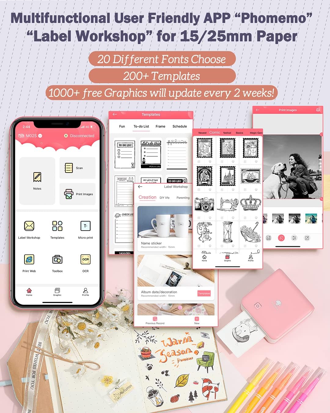 Lowest Price Phomemo 300dpi Pocket Phone Printer- M02 Pro Mini Photo Printer Wireless Thermal Printer for iOS and Android, Plan Journal, Organization, Art Creation, Gift, Pink