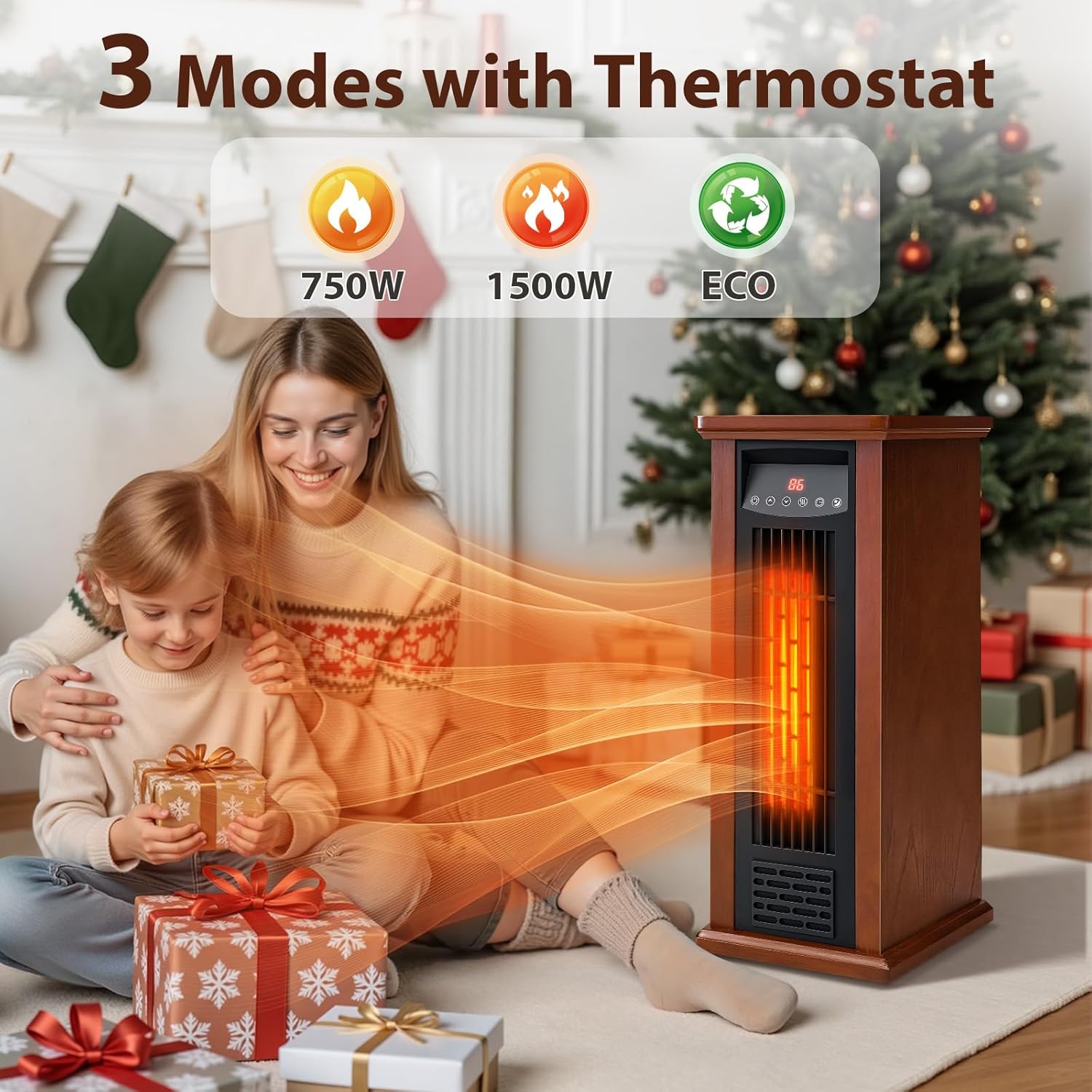 LifePlus Infrared Heater TWH-15Q2 illustrating its three modes: 750W, 1500W, and ECO, with a family in a festive setting.