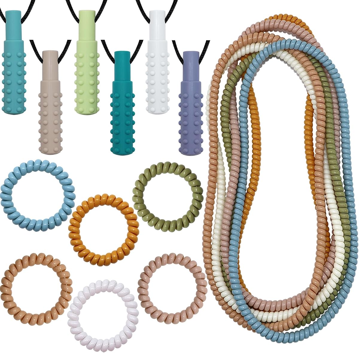 Stretchy Coil Bracelets Chewing Necklace for Kids Sensory, 18 Pack Chewy Necklace Sensory with Autism, ADHD, SPD, Silicone Stretch Sensory Chew Necklaces Bracelets Reduce Biting Stress and Anxiety