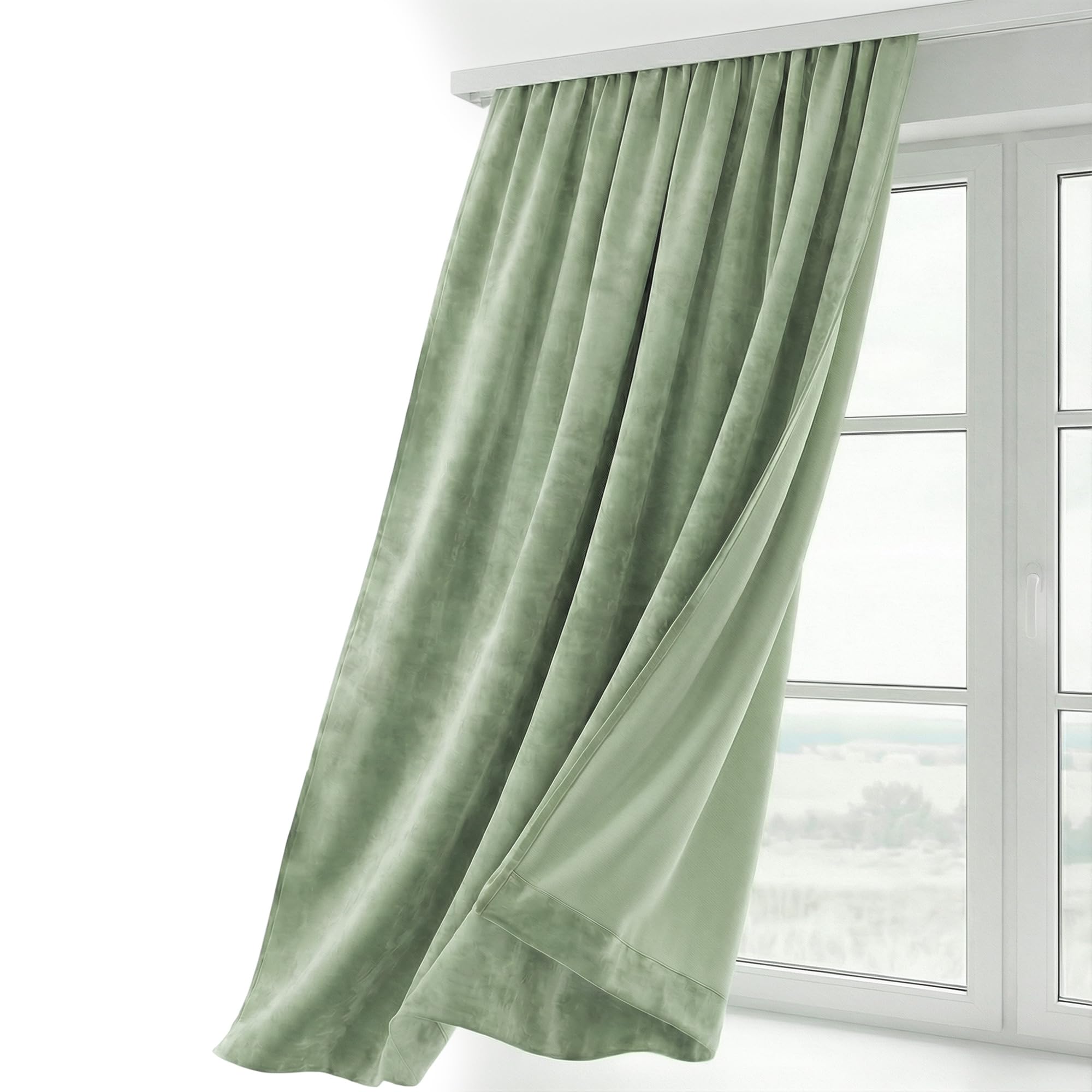 Beautex Light Green Velvet Curtain, Ruffle Tape, U-Tape Curtain, Darkening And Opaque, 140 X 145 Cm (Width 140 Cm, Height 145 Cm, )