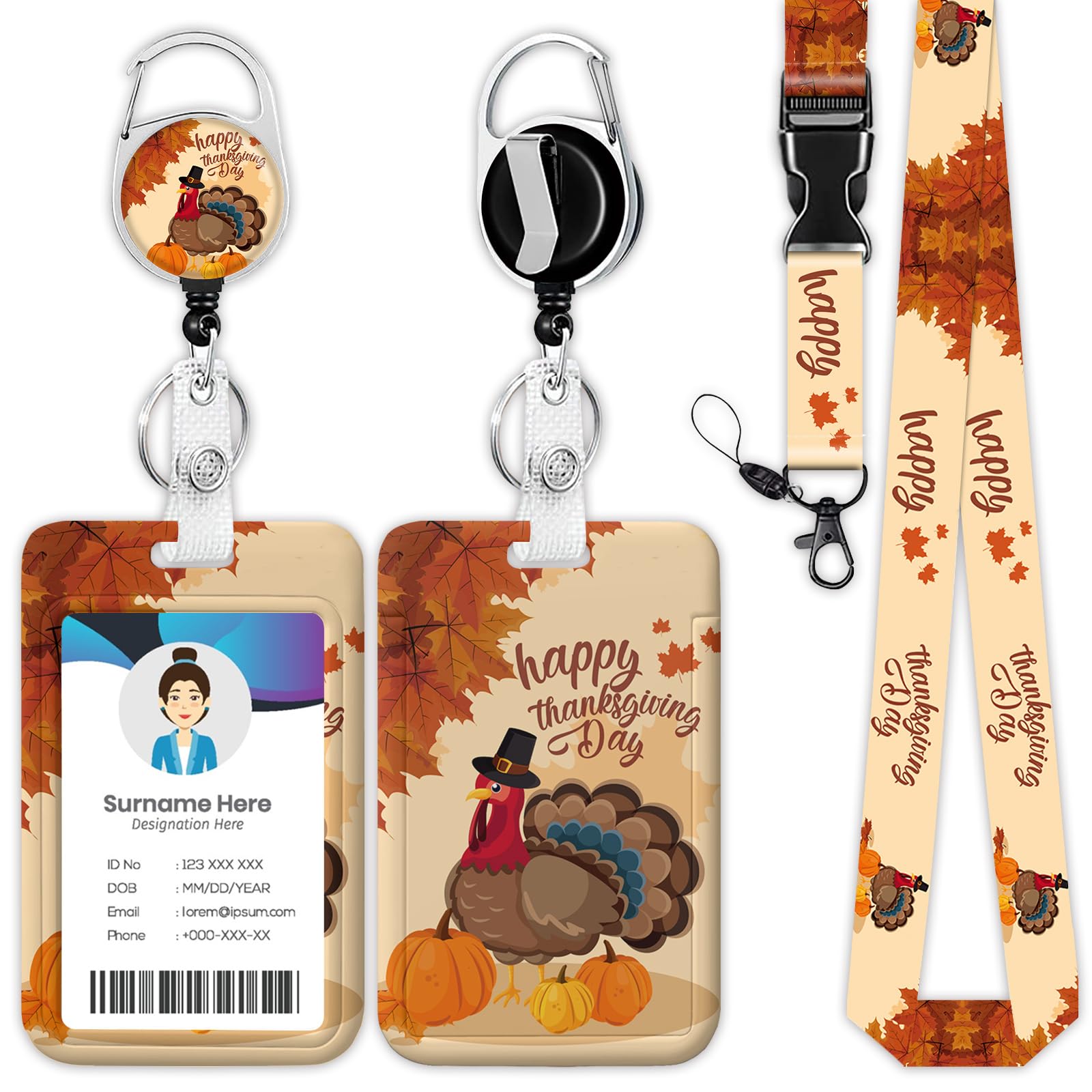 Thanksgiving Turkey Badge Holder Reel Lanyard, Fall Maple Leaf ID Card Badge Holder Retractable Name Tag Clips for Doctor Nurse Teacher Office Student