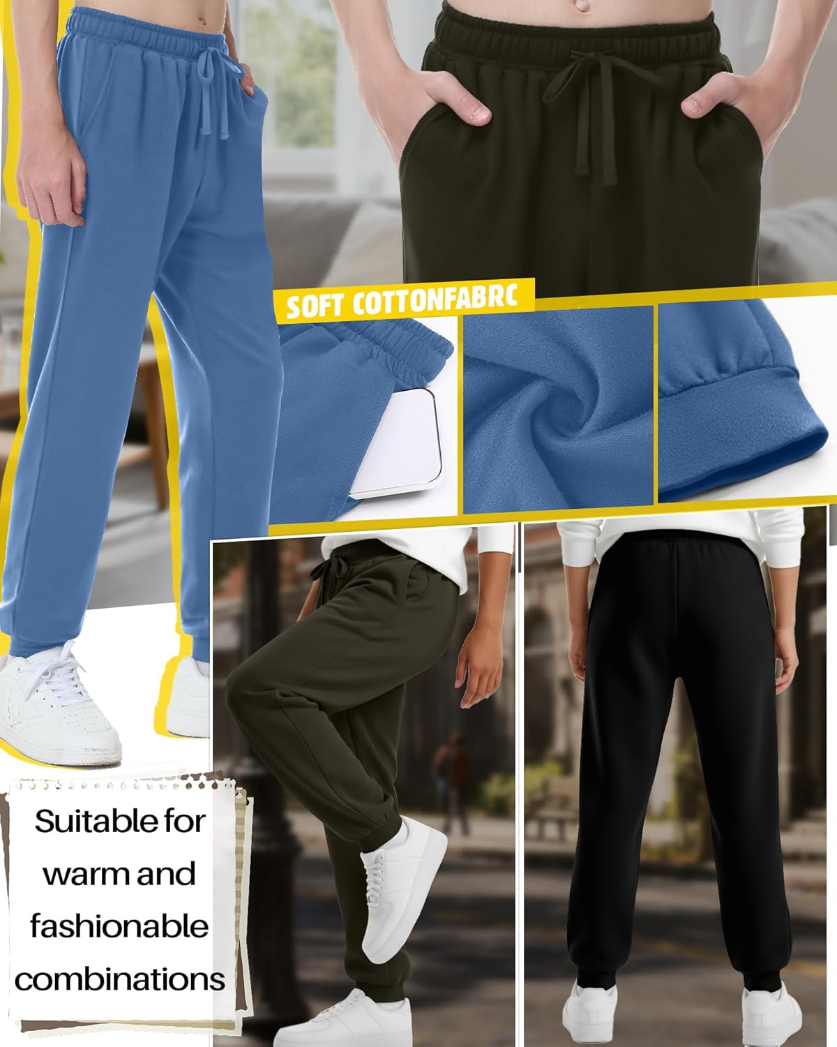 3 Pack Boys Sweatpants Athletic Joggers Drawstring Lightweight Stretchy Active Straight Pants with Pockets Fall - Image 4
