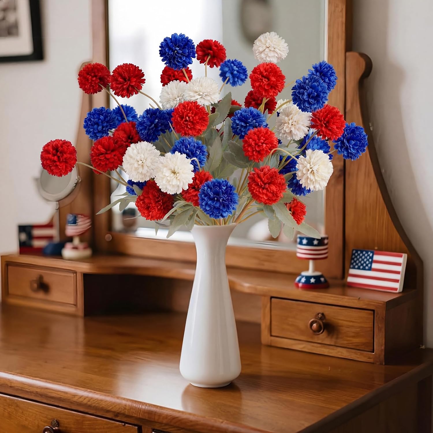 Hoteam 24 Pcs 4th of July Red Blue White Patriotic Artificial Chrysanthemum Flowers 250th Anniversary Decoration Independence Day Fake Mums Flower for Home Decor Indoor Memorial Day Table Centerpiece
