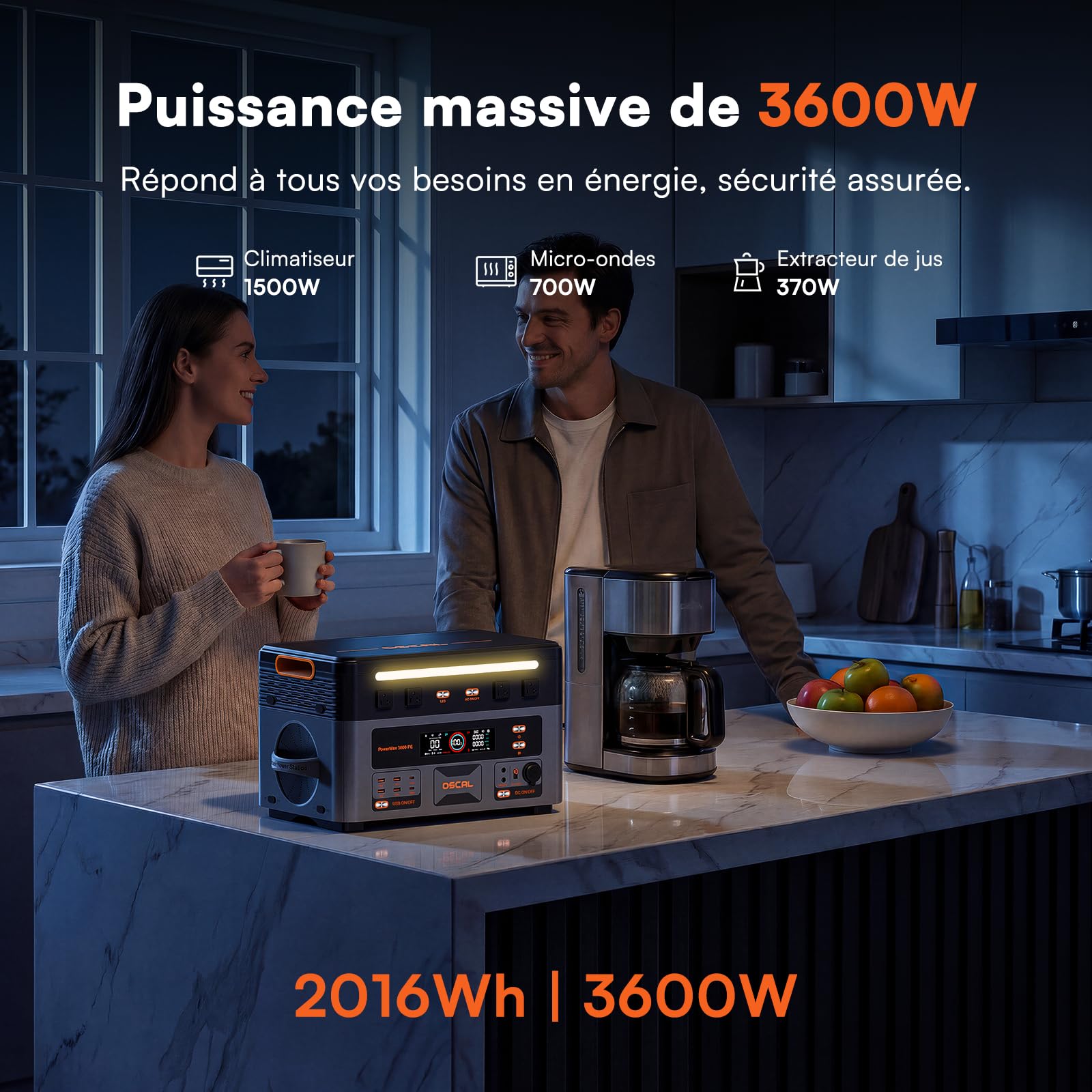 OSCAL PowerMax 3600PE Station d'Énergie Portable avec Panneau Solaire 400W, Puissance de Sortie 3600W, Batterie LFP 2016 Wh, Application, UPS, Panne de Courant, Camping, Camping-car, Urgences