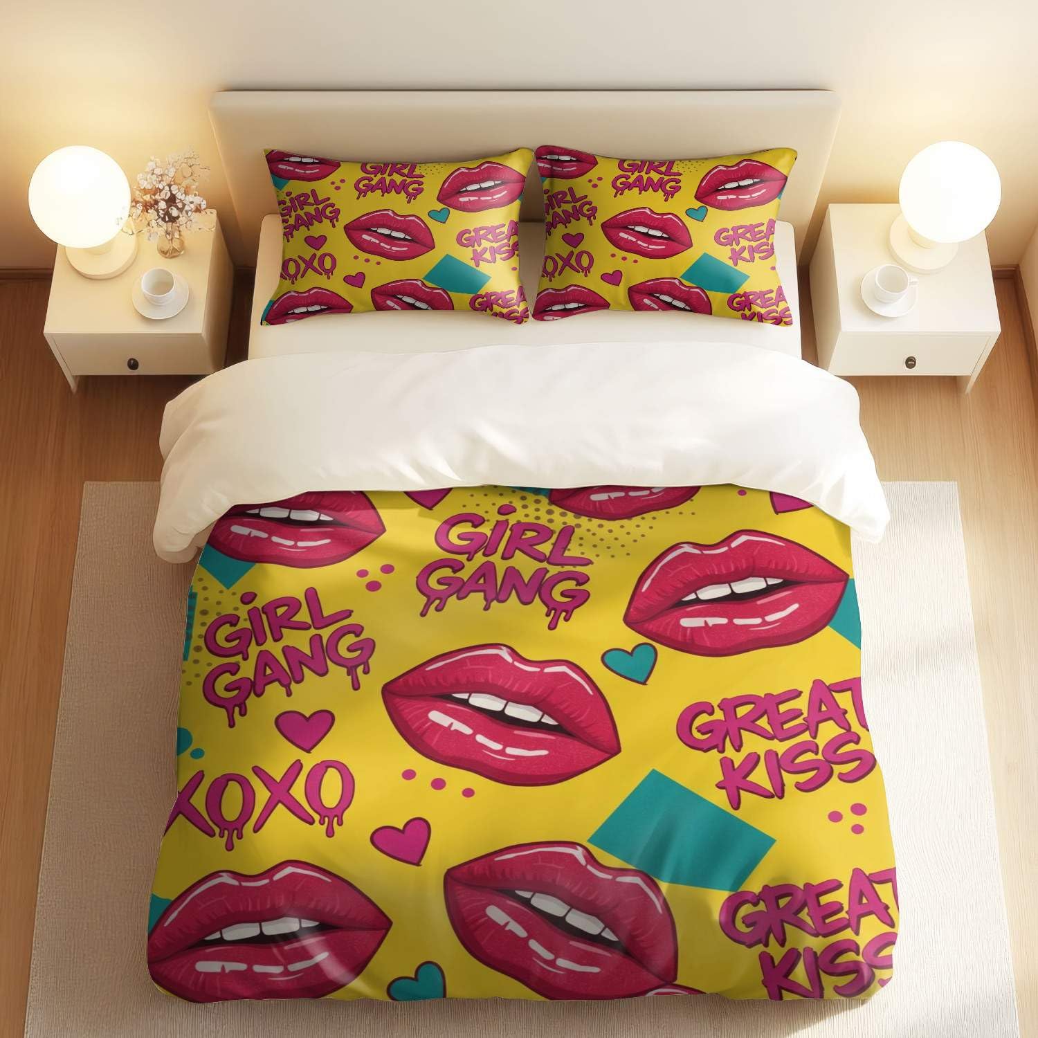 Parure de lit lèvres rouges Passionate 3 pièces, idée de cadeau déco idéale pour femme