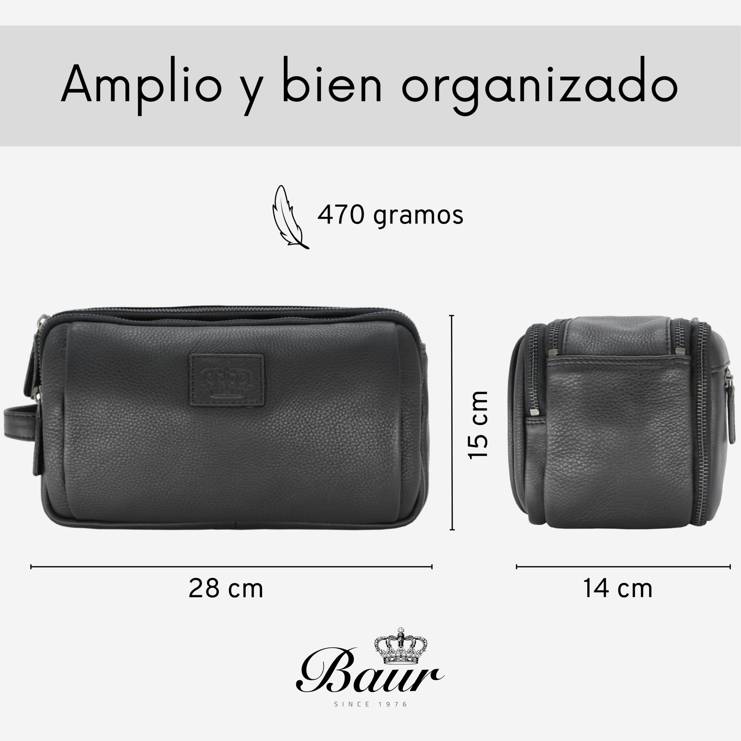 Baur Neceser de piel auténtica | Neceser espacioso y organizador | Piel de vacuno negra, Bolsa de cuero unisex para hombre y mujer