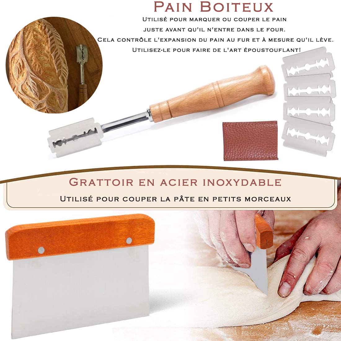 YAANI Lot de 2 paniers à pain ronds de 22 cm et 25 cm ovales pour banneton, corbeille à pain + manche en bois et racleur à pâte avec 5 lames + racleur à pâte en plastique +pour pain à levain