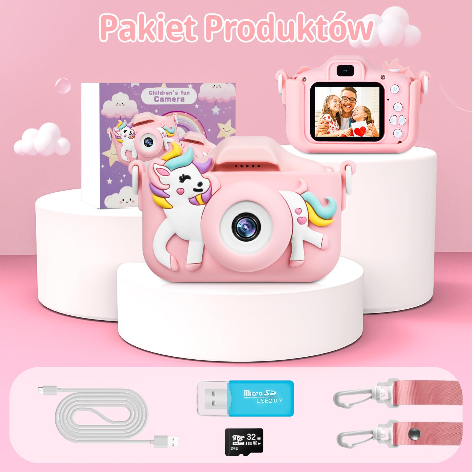 Aparat dla Dzieci z Ekranem 2,0 cala o Rozdzielczości 1080p, Wyposażony w Kartę SD o Pojemności 32 GB – Cyfrowy aparat do Selfie dla Chłopców i Dziewczynek