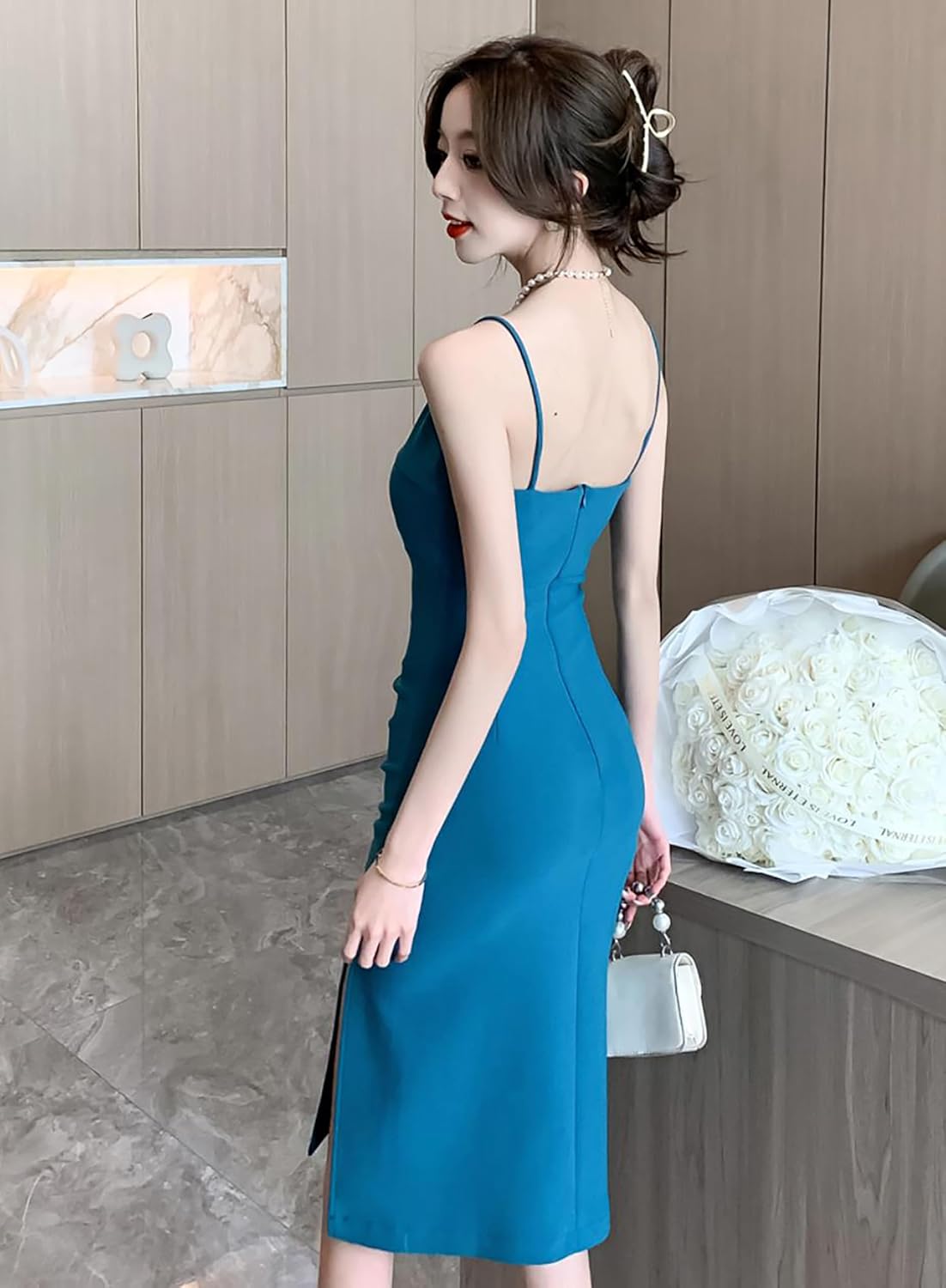 [Aisaidun] キャミワンピース レディース 夏 タイトシルエット ドレス ハイウエスト 美脚効果 Aライン スリム ノースリ