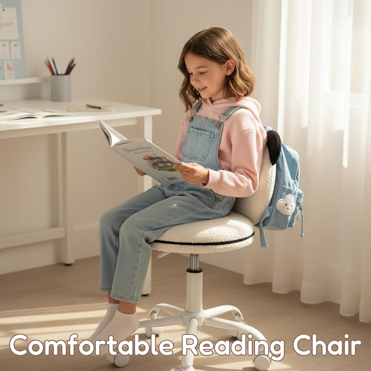 Panda Kids Desk Chair, Comfy Reading Study Chairs with Rolling Wheels, Space Saving Armless Teens Computer Chair, Ergonomic Kid Office Chairs, Sherpa Girls Desk Chair for Bedroom/Dorm, Black