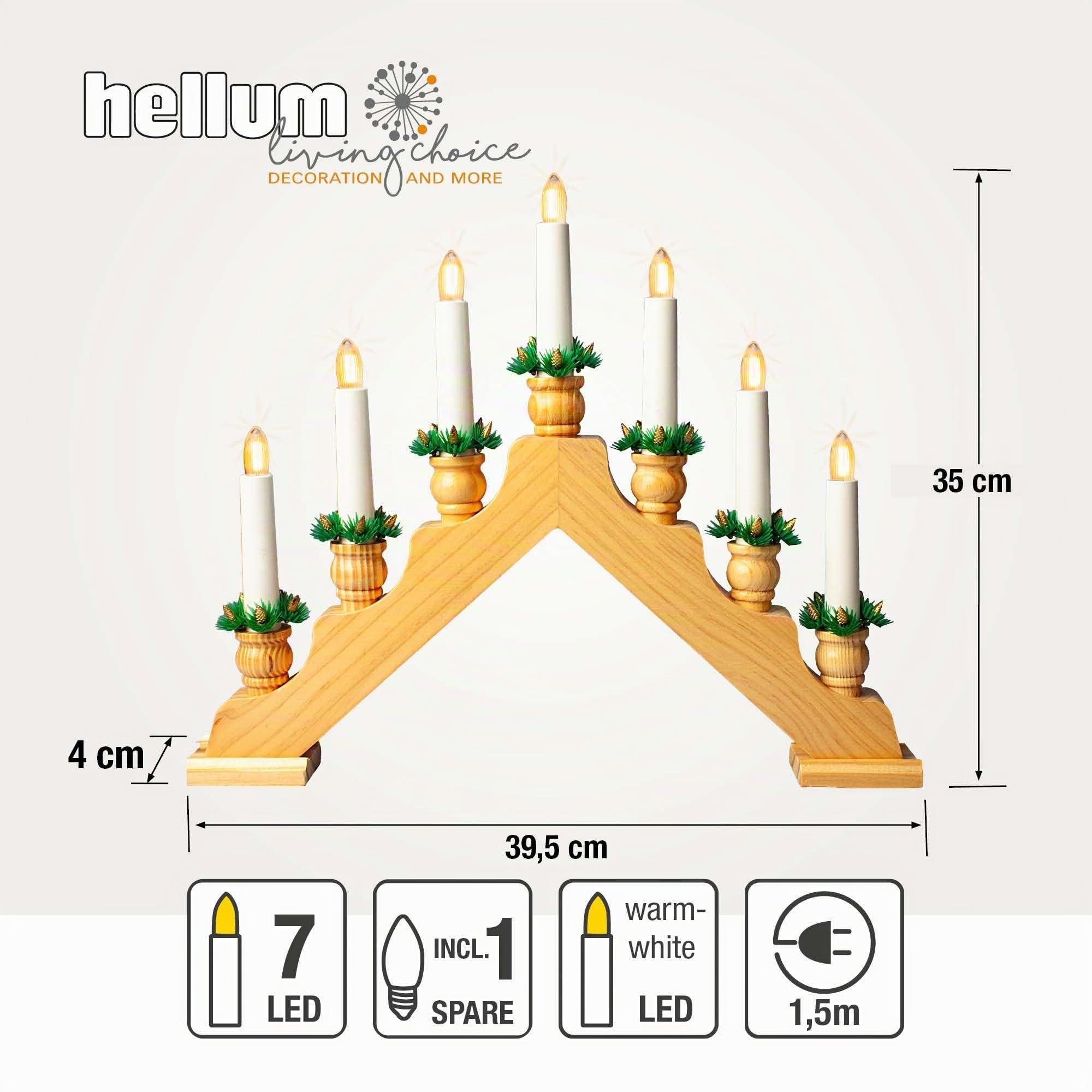 Arche lumineuse de Noël Hellum pour l'intérieur, éclairage de fenêtre de Noël, 39 x 34 cm, couleur naturelle, avec 7 bougies, arche lumineuse avec alimentation électrique et interrupteur 151794