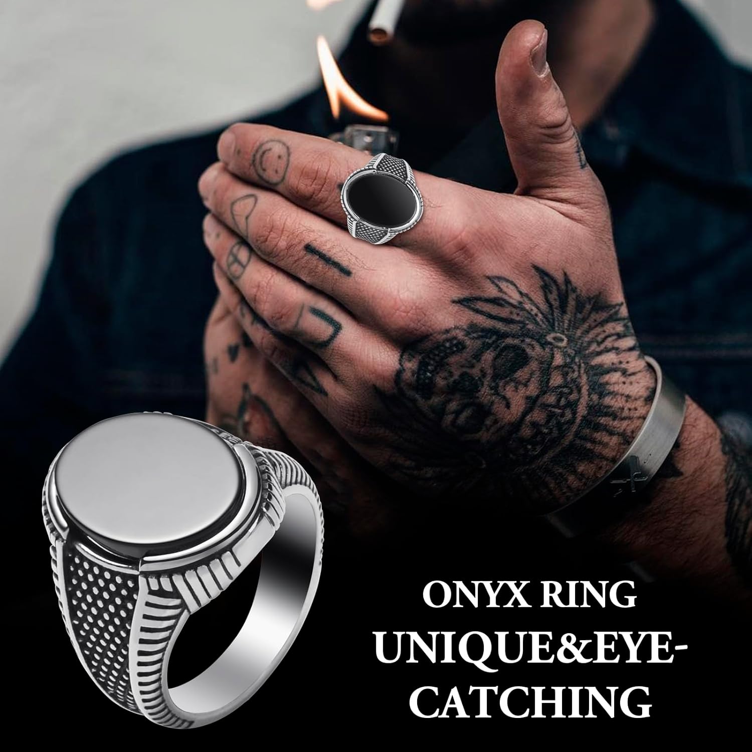 Mens Onyx Ring,Stainless Steel Signet Rings for Men,Black Onyx Agate Gemstone Rings Jewelry for Men Size 8-13 - Image 2