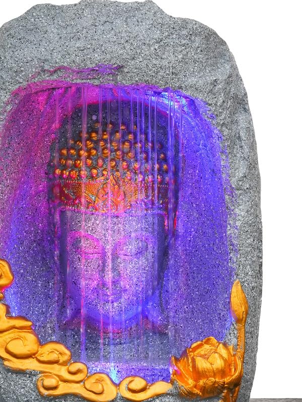 Image of Polyresin Tabletop Grey Meditating Buddha Sitting in Cave Style Indoor Front Curtain Waterfall Fountain for Home Decor with LED Light, Speed Controller Pump (Size: 40 x 22 x 29.5CM)