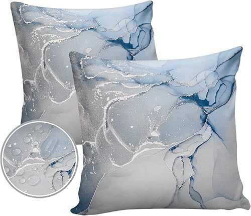 LOVE HOME DAY Juego de 2 fundas de almohada de mármol para exteriores, modernas fundas de almohada decorativas impermeables con degradado azul,