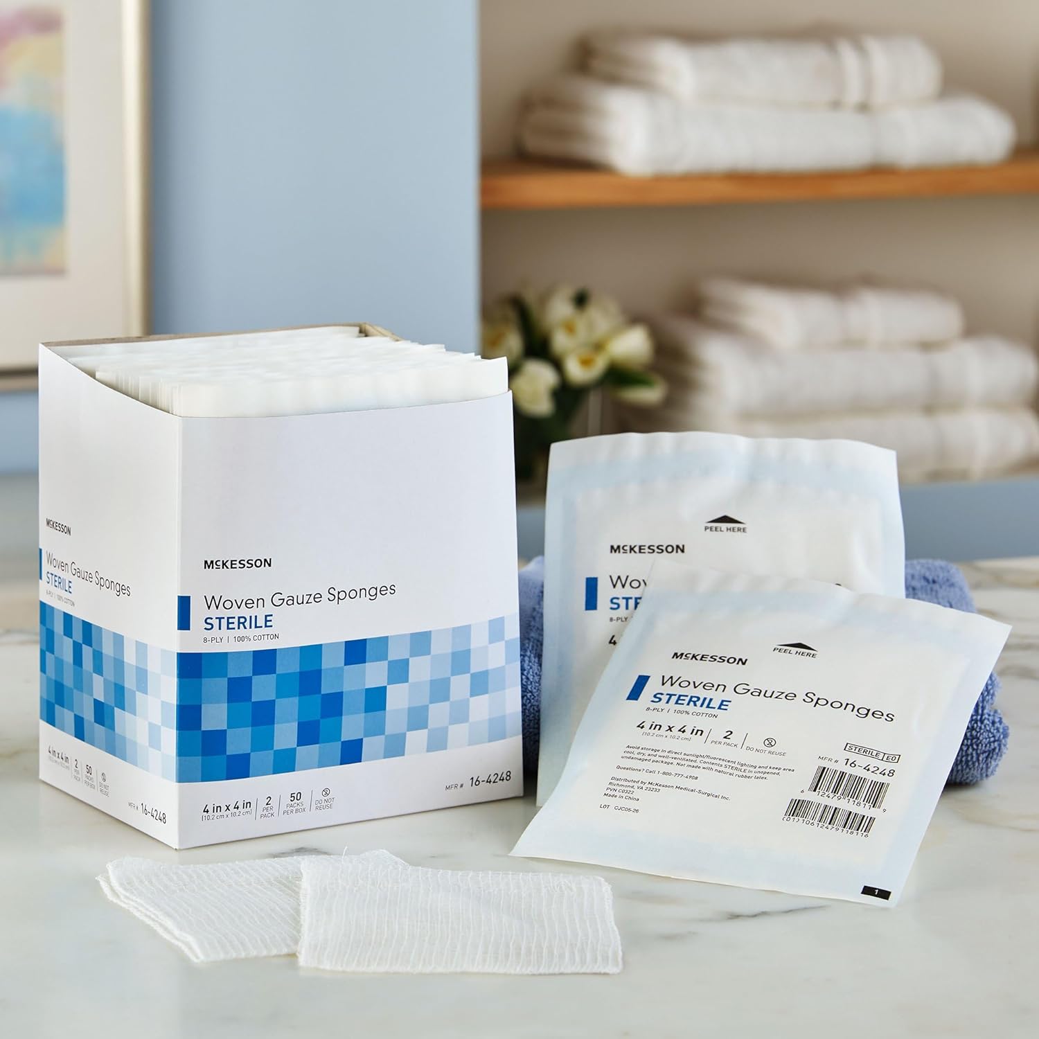 McKesson Woven Gauze Sponges, Sterile, 8-Ply, 100% Cotton, 4 in x 4 in, 2 per Pack, 600 Packs, 1200 Total