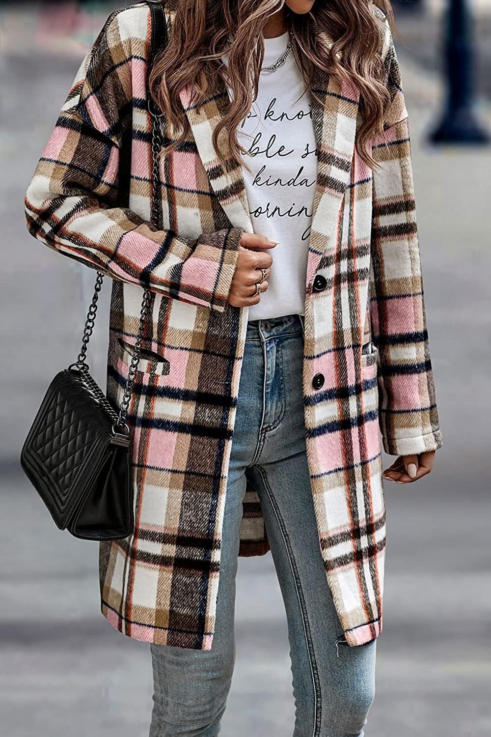 Gabardina De Lana Midi De Invierno Con Contraste A Cuadros A Rayas Para Mujer,Chaqueta Con Botones De Solapa Clásica Rosa Retro Abrigo Cortavientos De Manga Larga Cálido Informal Con Bolsillo