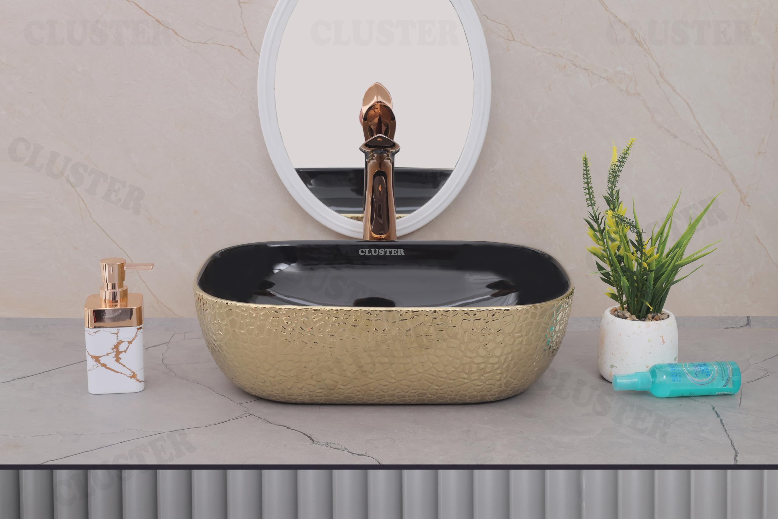 CLUSTER Designer Glossy Ceramic Table Top | Wash Basin For Bathroom And Livingroom Décor, Black And Golden, 455x320x135 mm (B0CYHCLM9D) Amazon Price History, Amazon Price Tracker