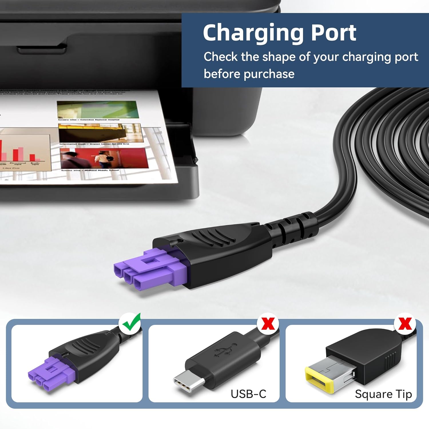 Image showing the purple-tipped barrel connector of the PKPOWER adapter and examples of incompatible USB-C and square tip connectors, emphasizing the need to check the printer's charging port shape.