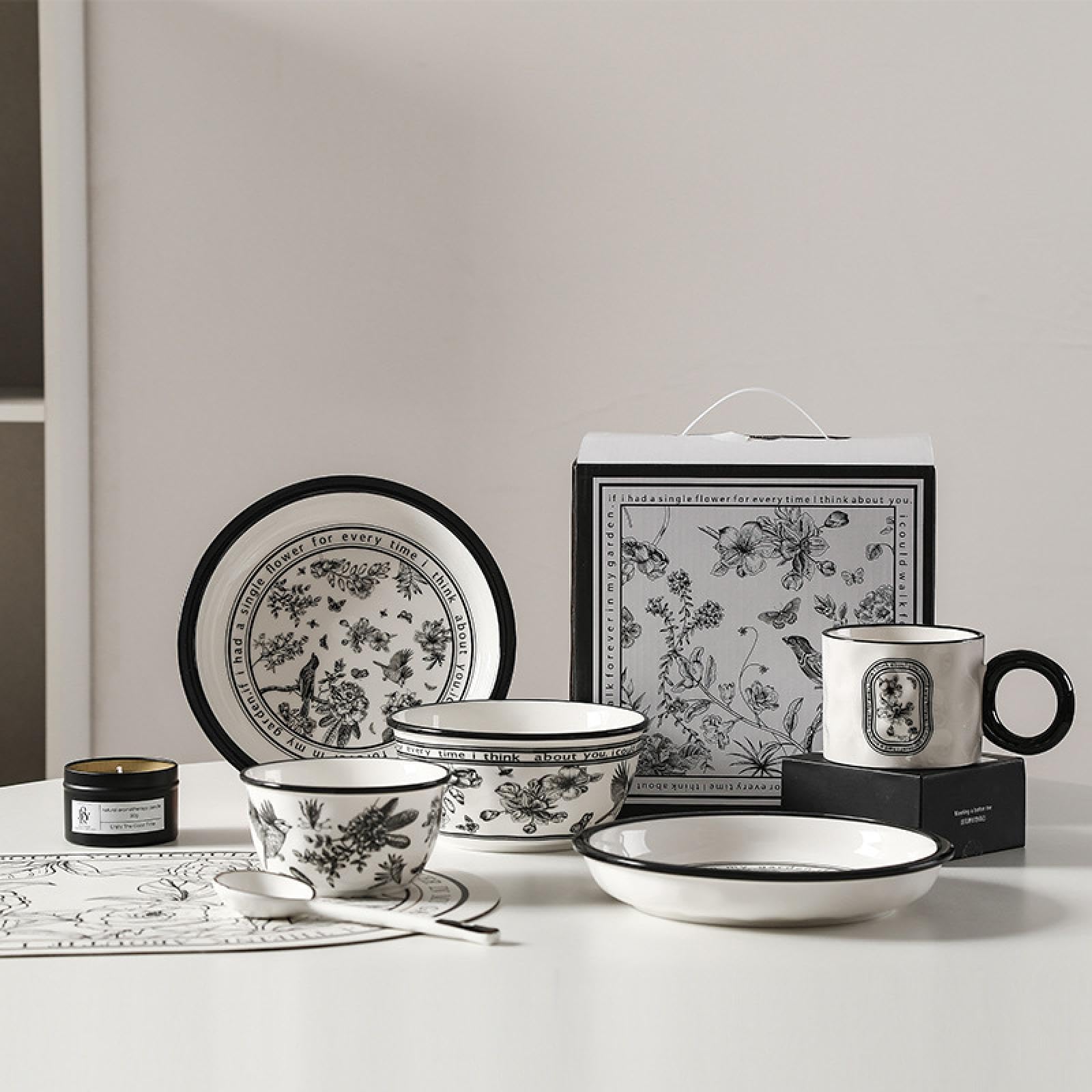 Amazon.co.jp: 1人食セット 白黒花柄 食器セット 碗 お皿セット ひとり