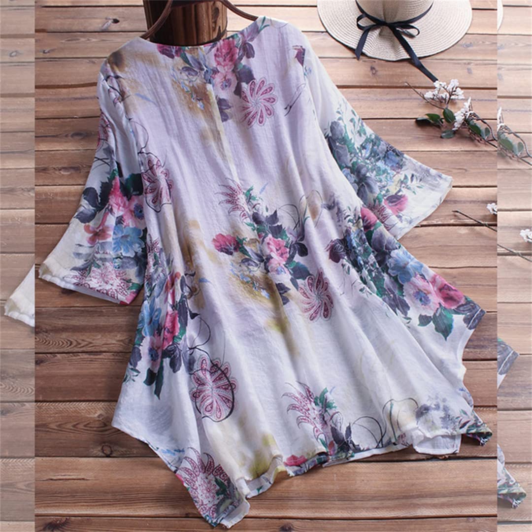 Camisa de Manga 3/4 con Cuello en V para Mujer, túnica Informal Suelta de algodón y Lino, Blusa Informal Suelta de Verano con Flores