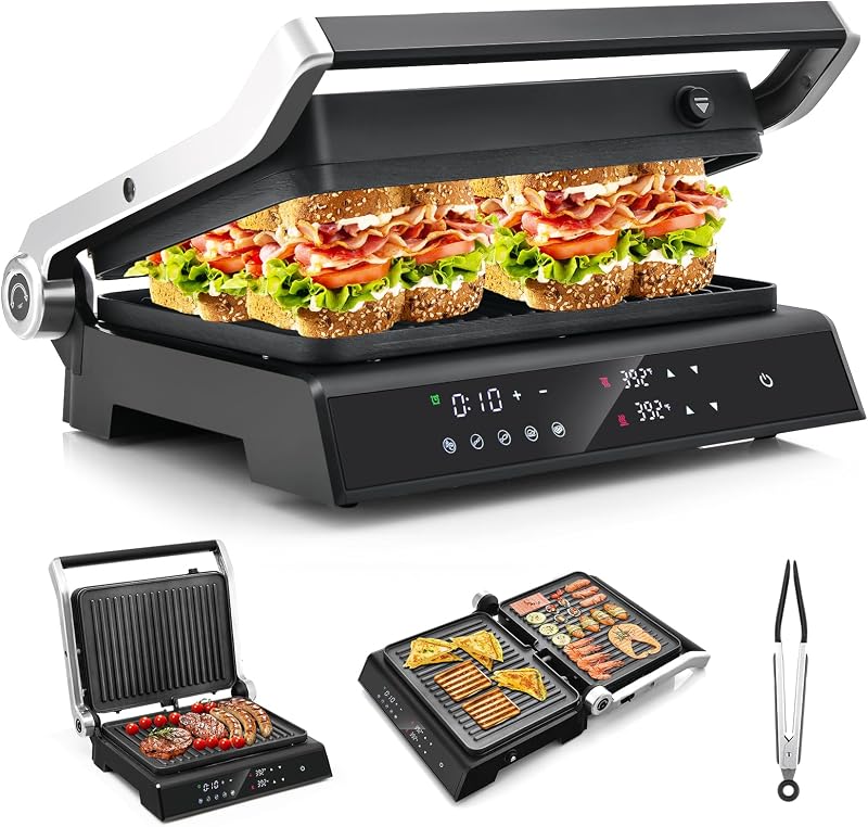 Panini Press Sandwichera, Parrilla Eléctrica Interior 5 Modos Automáticos | Panel Táctil LED, Control de Temperatura Independiente, Temporizador, Placas Extraíbles y Antiadherentes, Bandeja de Goteo, para Desayuno, Cocina Casera