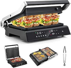 Giantex Panini Press Sandwich Maker, 3-in-1 Electric Indoor Grill, 2 Removable & Dishwasher Safe Non-Stick Plates, Drip Tray, 5 Auto Modes, Upper & Lower Independent Temperature Control, 4 H Timer