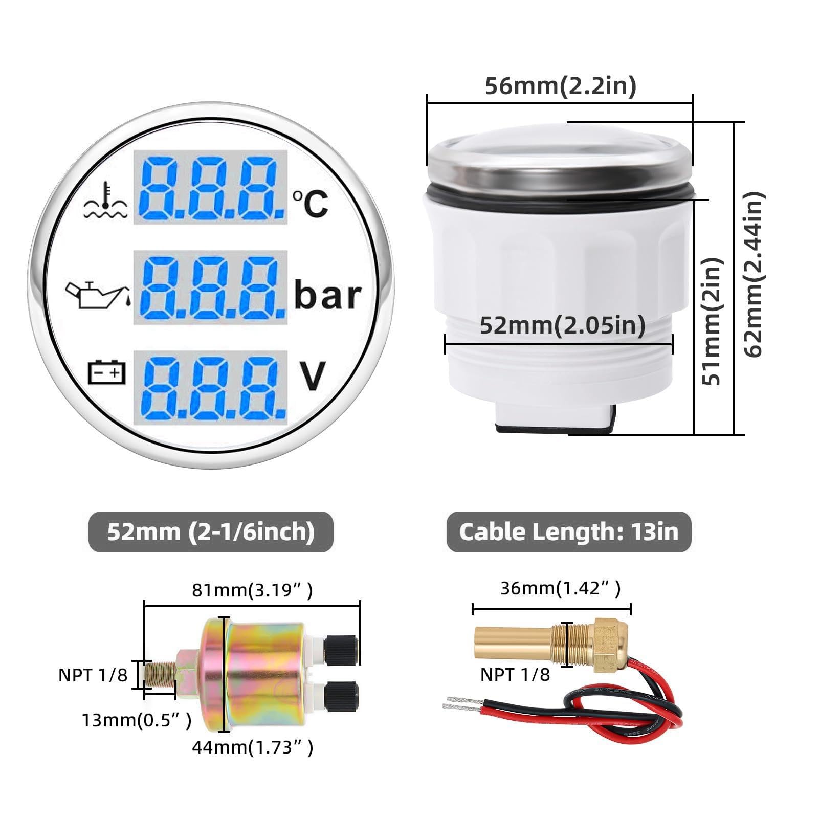 Voltímetro de Presión de Aceite y Temperatura del Agua para Barcos, Pantalla Digital, Juego de Medidor 3 en 1 para Barcos, Vehículos Recreativos y Motocicletas, 52mm, Resistente Al Agua