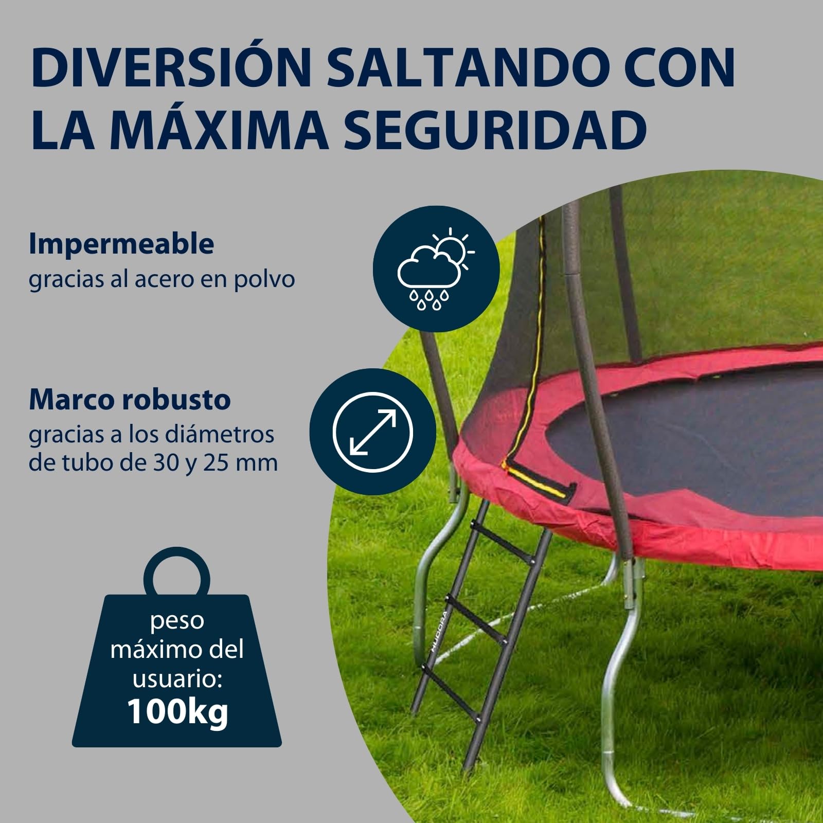 HUDORA Escalera para trampolín - Escalera Ajustable con 2-3 peldaños - Escalera de Seguridad Resistente de Acero para Trampolines Exteriores - Escalera para diversas Alturas de trampolín