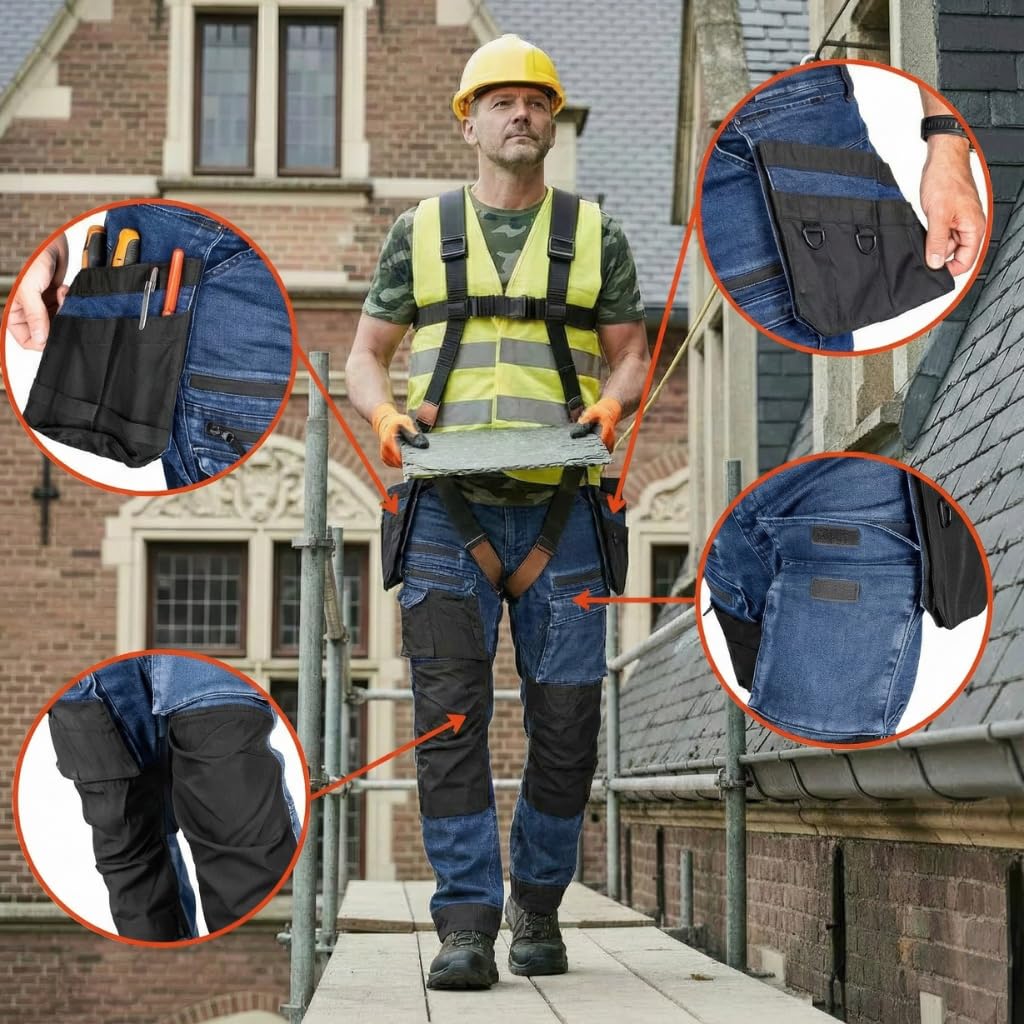 NEO TOOLS Pantalones de trabajo resistentes para hombre, de tela vaquera, 400 g/m², con bolsillos acolchados en las rodillas, refuerzos de cordura y porcentaje elástico